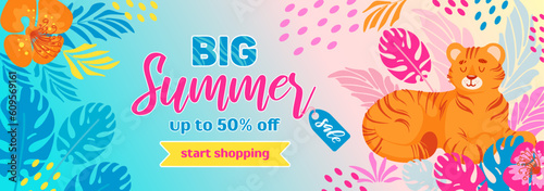 Bright summer sale horizontal banner. Tiger, tropical leaves and flowers. In bright neon colors. Hippie, psychedelic. For advertising banner, website, sale flyer.