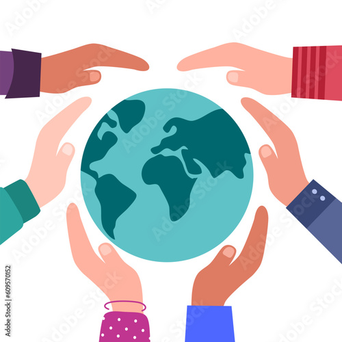 People hands holding earth planet in flat design on white background.