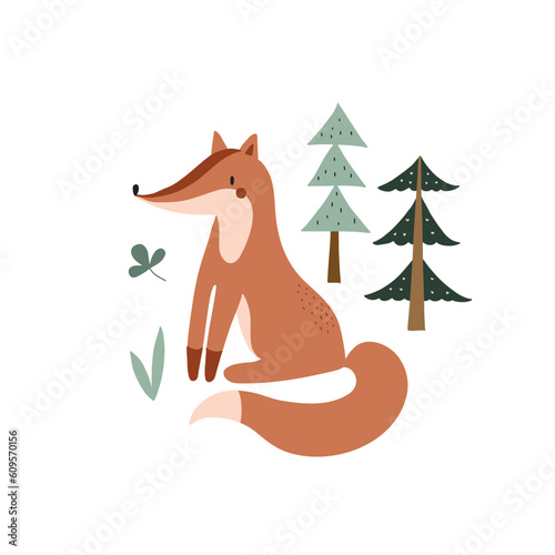 Cute fox in the forest. T-shirt graphics for kids vector illustration. Scandinavian design. Fir forest and fox.