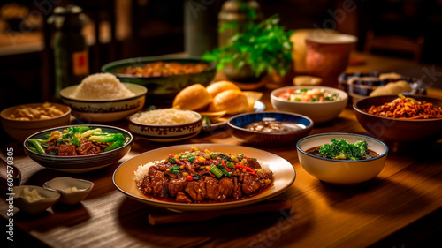 Spread of delectable Chinese dishes adorns a wooden table. Generative AI
