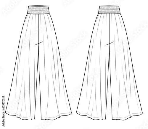 Palazzo pant front and back view flat sketch vector illustration mockup template.