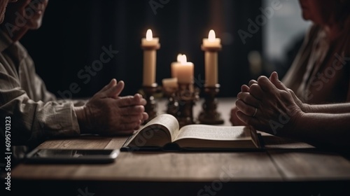 朝の神への礼拝のために、教会の木製テーブルの上で聖書とともにキリスト教徒のグループまたは家族の祈りを捧げます。人々は信仰、霊性、宗教の概念を持って祈りますGenerativeAI