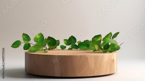 白い背景に影のあるプレゼンテーションや展示会用の自然な丸い木製スタンド。オーガニック化粧品用の緑の葉を持つ3Dの空の表彰台GenerativeAI