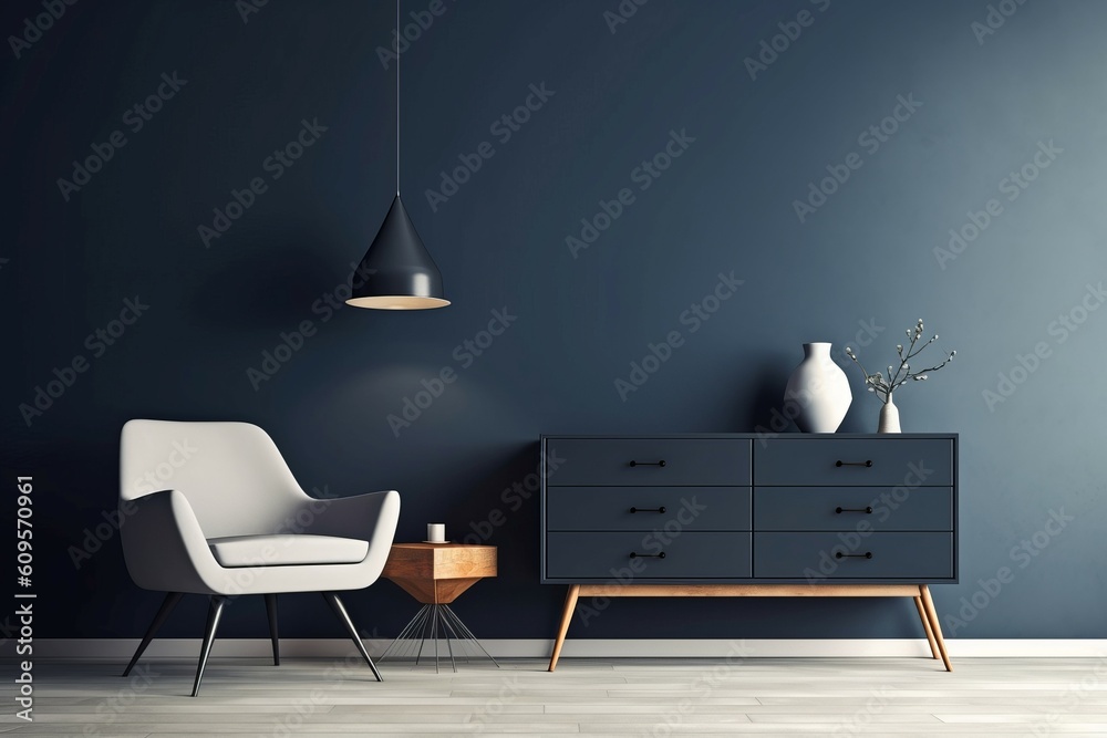 Chair decor living room blue wall. Generate Ai Chair decor living room blue wall. Generate Ai