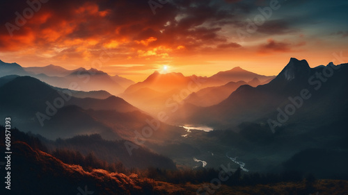 Generative AI of A Majestic Landscape with Mountains, Sunset and Orange Sky/ Dawn or Dusk.