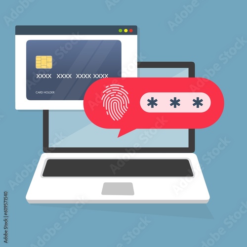 CREDIT CARD Laptop con notifica bolla password sbloccata, design di cartoni animati piatto o schermo del pc con blocco aperto e campo password - illustrazioni photo