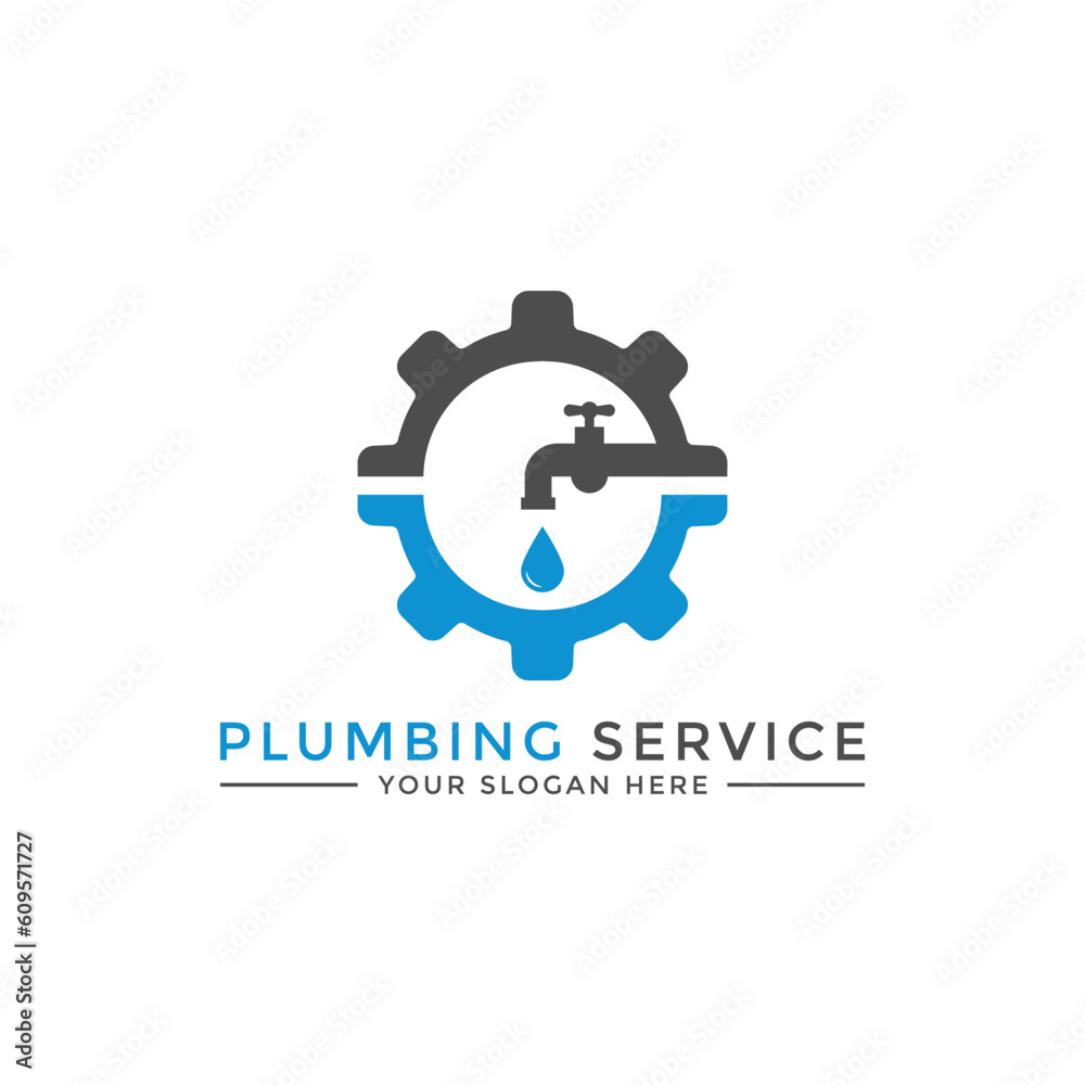 Plumbing service logo design template with gear symbol and water drop Plumbing service logo design template with gear symbol and water drop