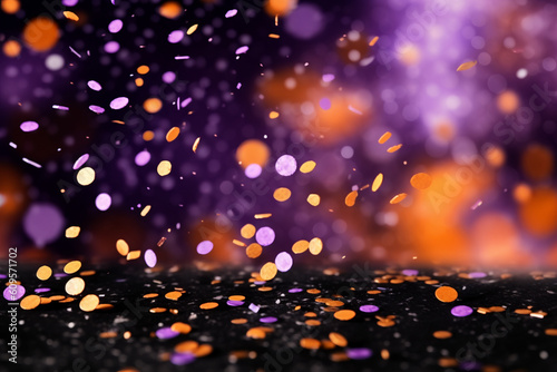 Orange, black and purple round flying confetti with purple bokeh background for Halloween celebration created with AI generative technology