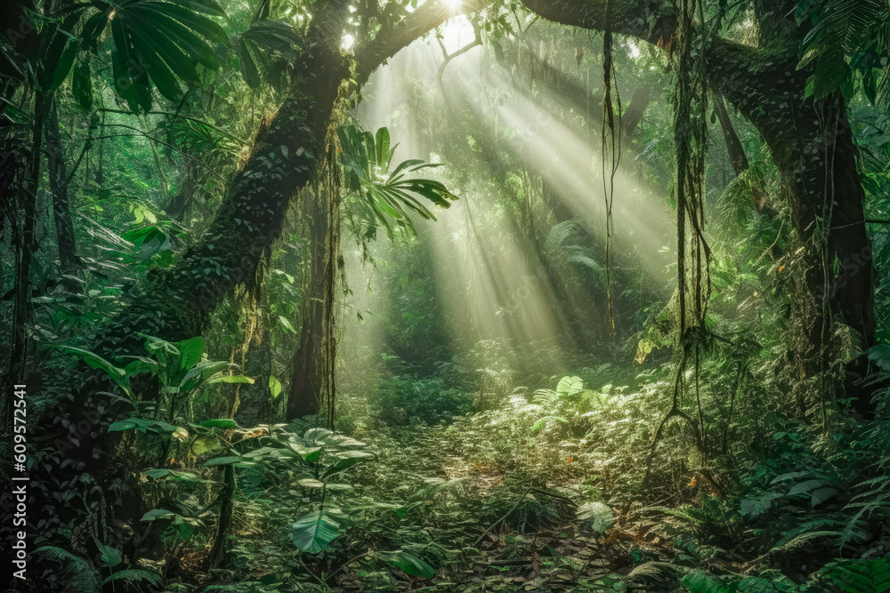 Forest as a carbon sink, iluminated by rays of sunlight piercing through a canopy, emphasizing the importance of preserving forests as carbon sinks in an effort to fight climate change. Generative AI.