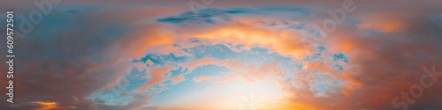 Sunset sky panorama with bright glowing pink Cumulus clouds. HDR 360 seamless spherical panorama. Full zenith or sky dome in 3D, sky replacement for aerial drone panoramas. Climate and weather change.