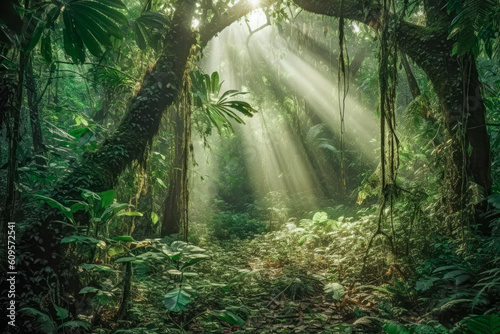 Forest as a carbon sink, iluminated by rays of sunlight piercing through a canopy, emphasizing the importance of preserving forests as carbon sinks in an effort to fight climate change. Generative AI. photo