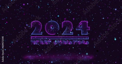 New Year background with text Merry Christmas and 2024, 4K animation with neon effect.