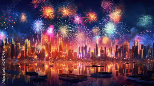 Celebration. Skyline with fireworks light up sky over night cityscape. Beautiful night view cityscape. Holidays, celebrating New Year and Tet holiday. (ai generated)