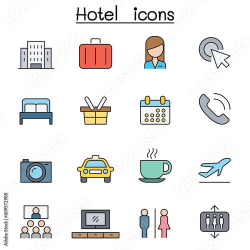 Hotel color line icon set