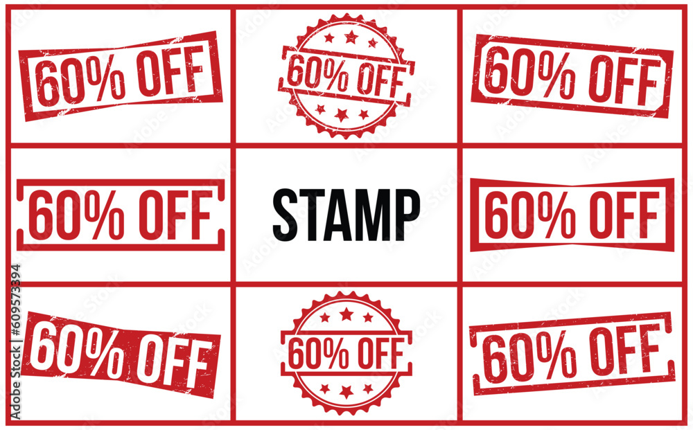 60% Off red rubber stamp on white background. 60% Off Rubber Stamp set. 60% Off red rubber stamp on white background. 60% Off Rubber Stamp set.