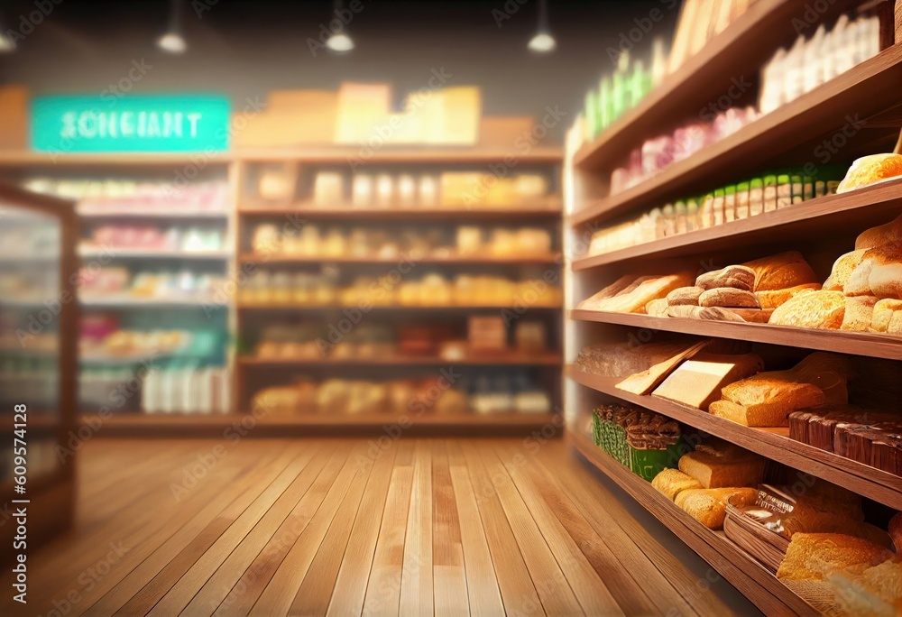 Aisle of a bakery and shelves in blurred background. generative AI.
