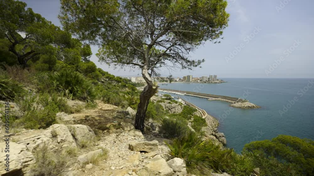 Asphalt road in the hills of Spain near the sea. Province of Castellon. Favorite place for active walks. VIA VERDE BENICASIM OROPESA. Oropesa del Mar 