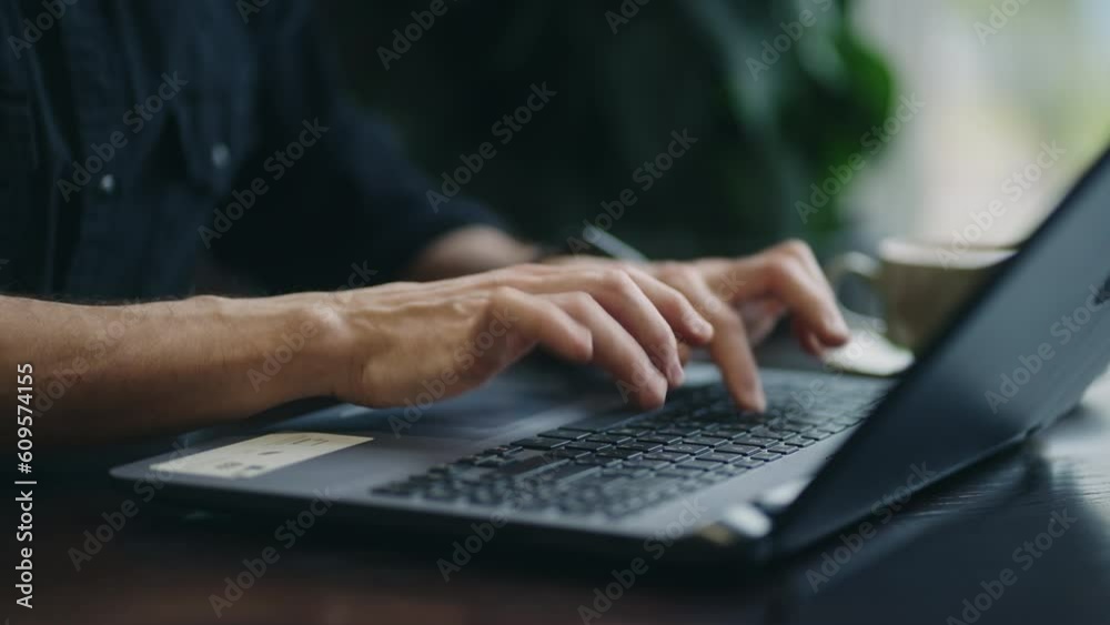 Hands Of Male IT Professional On Keyboard Of Laptop, Closeup View, Man Working Remotely From Cafe Hands Of Male IT Professional On Keyboard Of Laptop, Closeup View, Man Working Remotely From Cafe
