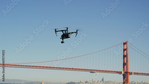 sUAS drone over Pacific Ocean with Golden Gate Bridge and San Francisco behind