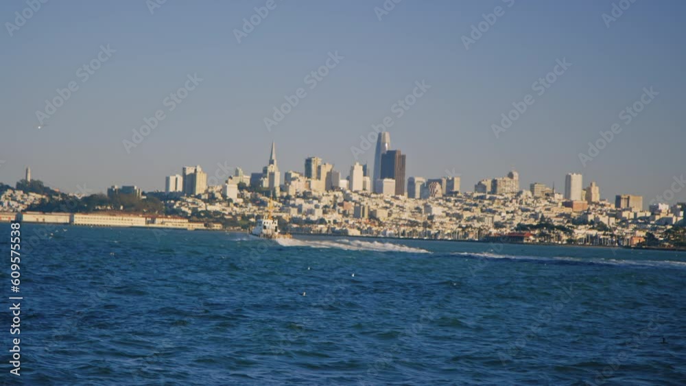 San Francisco cityscape from Pacific Ocean, following port bound vessel, canted San Francisco cityscape from Pacific Ocean, following port bound vessel, canted