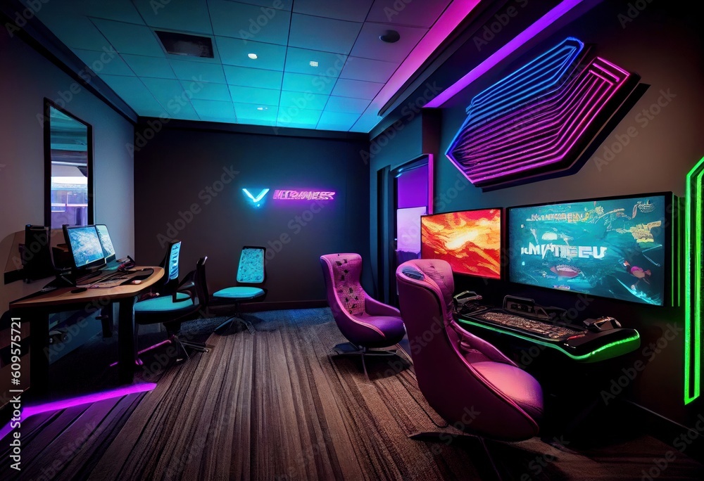 Games room for two players, illuminated with LEDs. Generative AI. Games room for two players, illuminated with LEDs. Generative AI.