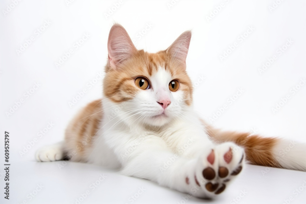 a cute cat is lying down on a white background