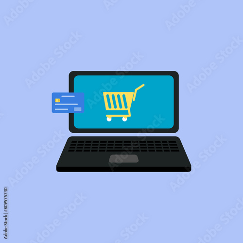 Online payment concept flat vector illustration. Credit card payment as an online purchase with laptop and trolley illustration.