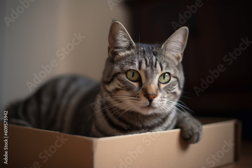 a cute cat is sleeping in a cardboard box