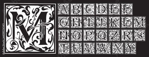 set of hand-drawn medieval, ornate initial alphabet letters