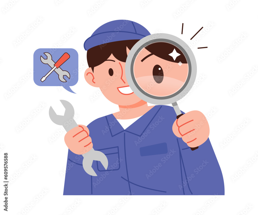 Male repairman character illustration. Repairman holding a magnifying glass and observing.