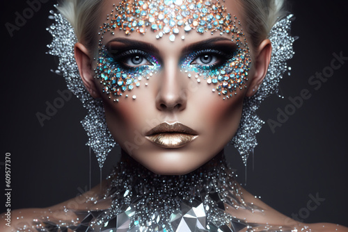 Glamorous model's face adorned with trendy rhinestone makeup. Generative AI photo