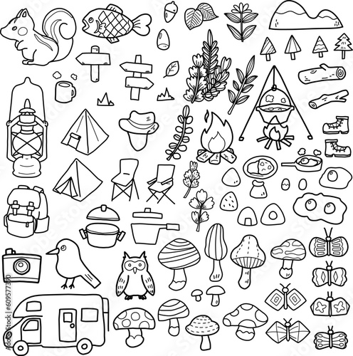 キャンプをイメージした手描き小物線画セット