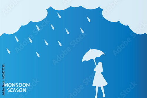 Monsoon season background with woman holding an umbrella in the rain on a rainy day.