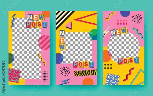 Template New Post Social Media Story Post Collection with 90's Style and Memphis Style Full Colors 