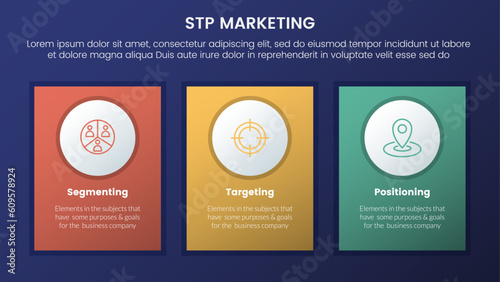 stp marketing strategy model for segmentation customer infographic 3 stages with vertical rectangle box and dark style gradient theme concept for slide presentation