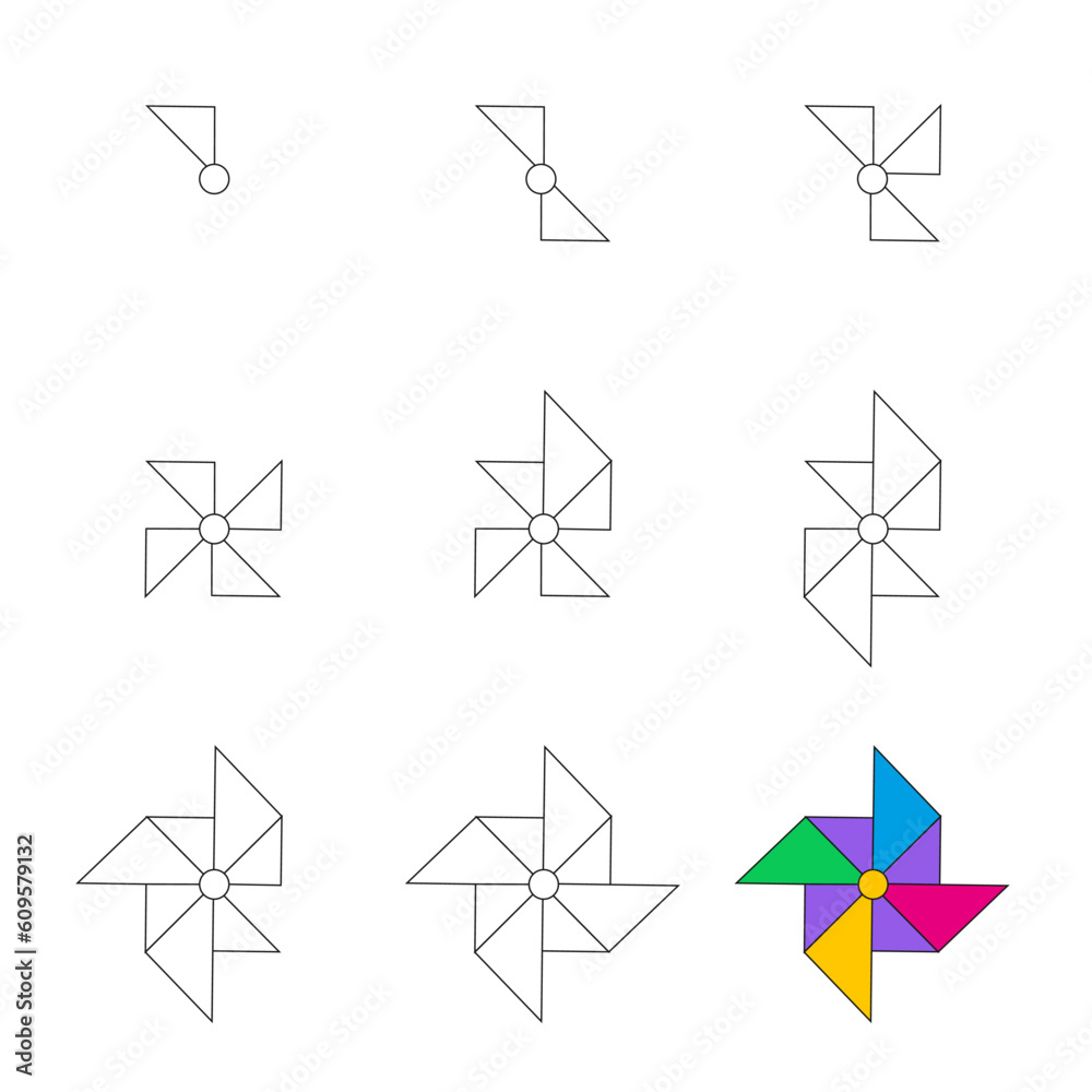 Worksheet easy guide to drawing pinwheel. Simple step by step drawing tutorial for little children. Worksheet easy guide to drawing pinwheel. Simple step by step drawing tutorial for little children.