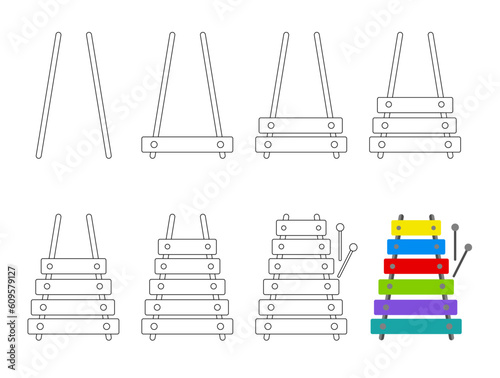 Worksheet easy guide to drawing xylophone. Simple step by step drawing tutorial for little children.