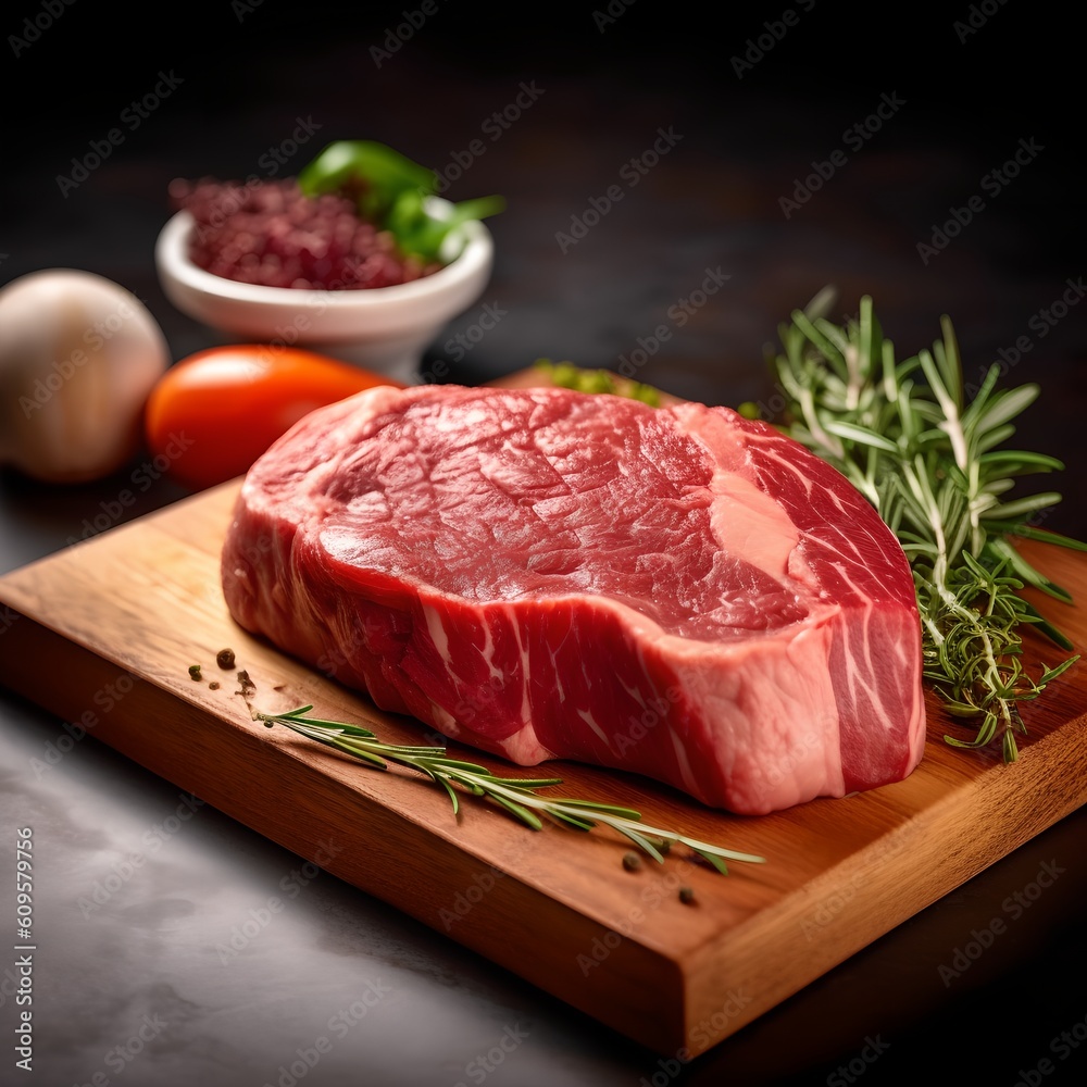 Raw Beef Steak on Cutting Board