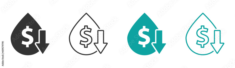Oil price reduction vector illustrations. Oil cost reduction icons set Oil price reduction vector illustrations. Oil cost reduction icons set