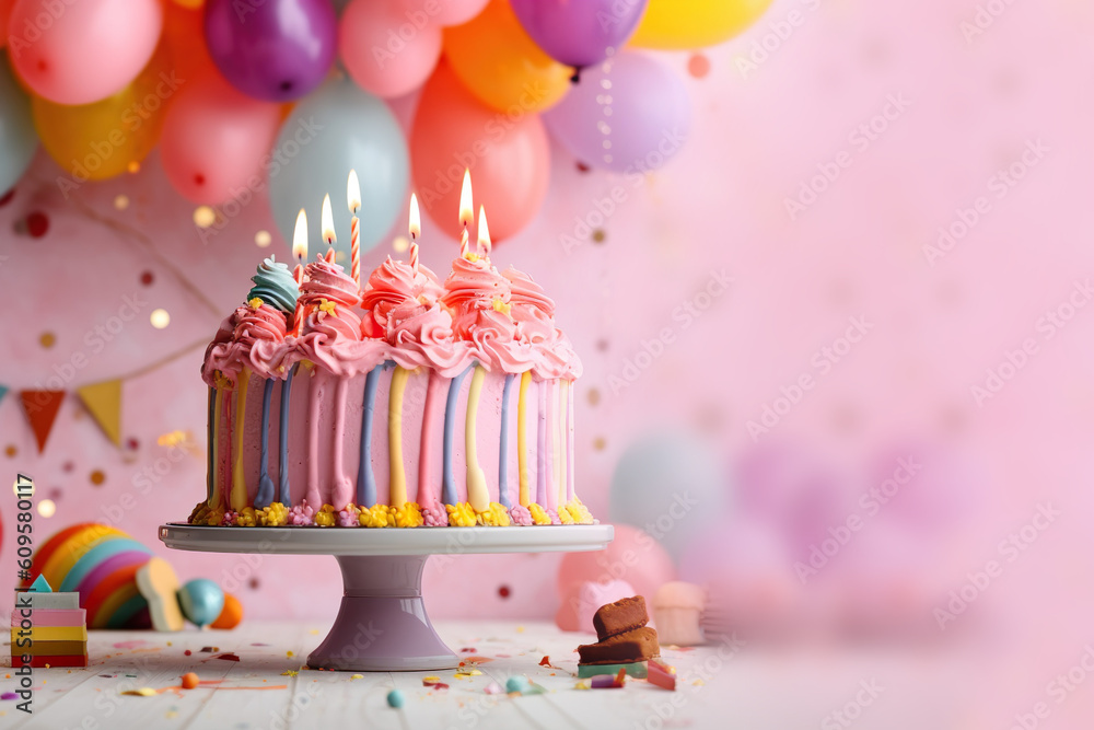 Birthday cake with pink frosting and lit candles background generative ai Birthday cake with pink frosting and lit candles background generative ai