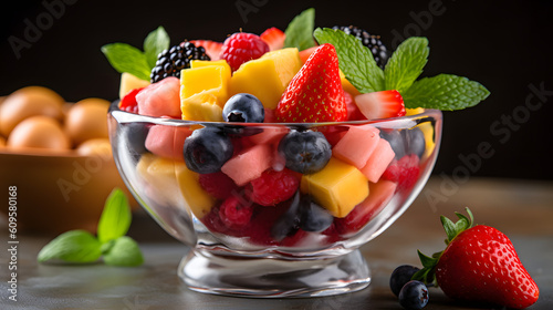 A close-up of a refreshing fruit salad filled with a variety of colorful fruits created with Generative AI technology
