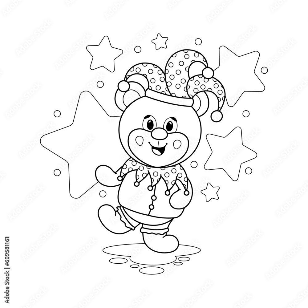 Coloring page. Laughter and Jokes: Bear in a funny costume and colorful jester hat - vector illustration