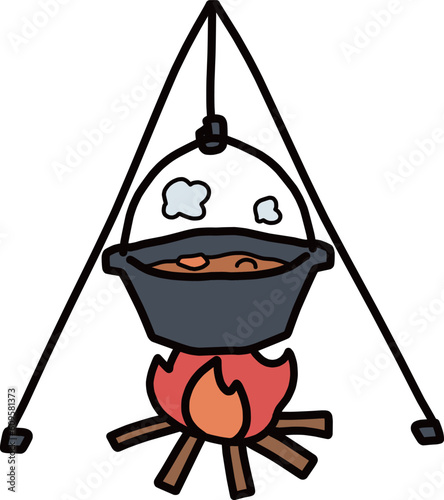 トライポッドにつるして焚火でカレーを煮込んでいるイラスト
