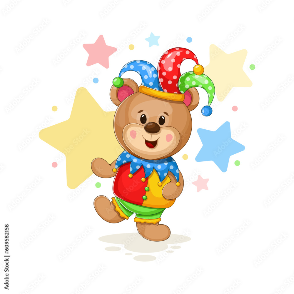 Fototapeta premium Laughter and Jokes: Bear in a funny costume and colorful jester hat - vector illustration
