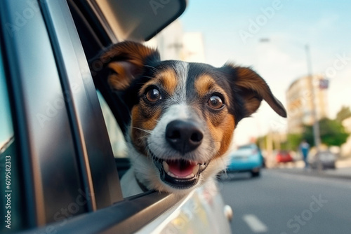 Smiling jack russel terrier dog in car window. Generative ai © sanneberg