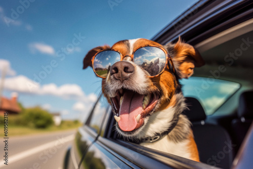 Dog with big smile and sunglasses in car window. Generative ai