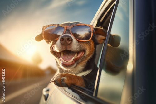 Happy little dog with sunglasses hanging in car window. Generative ai © sanneberg