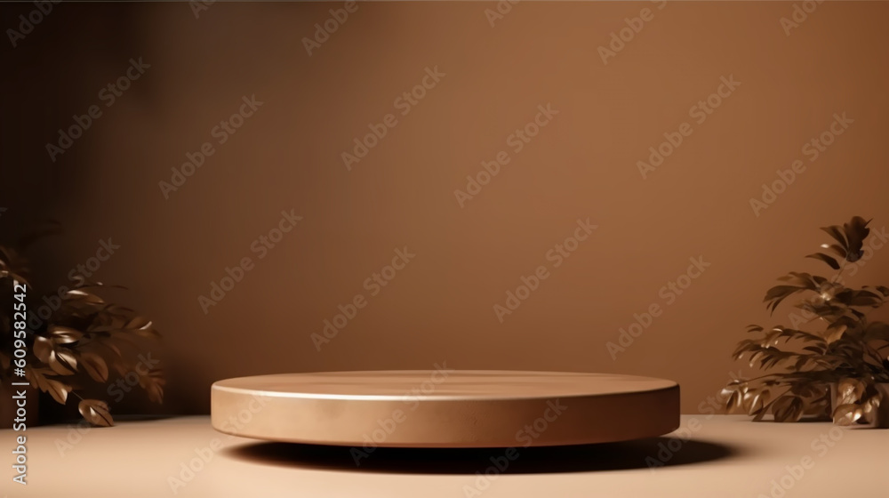 Empty wooden product display podiums with foliage and plants, modern minimalist background with warm, earthy tones. Presentation showcase backdrop for beauty, home, or body products. Generative AI Empty wooden product display podiums with foliage and plants, modern minimalist background with warm, earthy tones. Presentation showcase backdrop for beauty, home, or body products. Generative AI