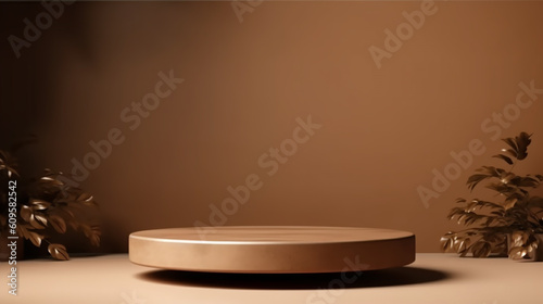 Empty wooden product display podiums with foliage and plants  modern minimalist background with warm  earthy tones. Presentation showcase backdrop for beauty  home  or body products. Generative AI