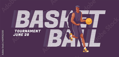 basketball poster design. Inscriptions and an athlete in motion. School, match and sports competitions. Vector flat illustration